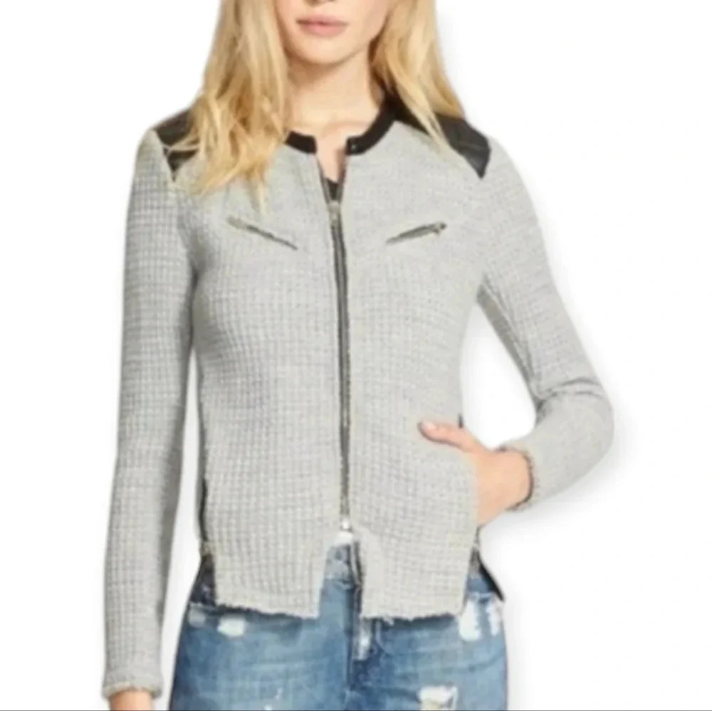 IRO Ceylona Knit Wool Zip Front Blazer with Lamb Leather Shoulders FR 42 / 10 US